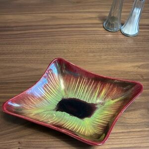 Bay Keramik 920 West German Pottery Dish 10.5” MCM Red Green Lava Glaze Bowl